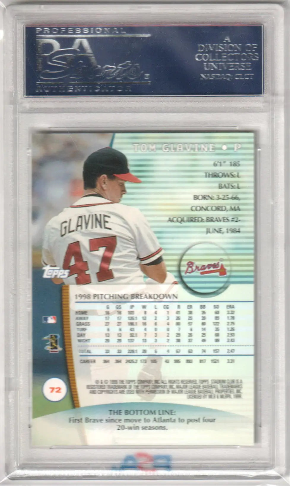 Graded TOM GLAVINE 1999 Topps Stadium Club baseball card PSA 10 GEM MINT shown