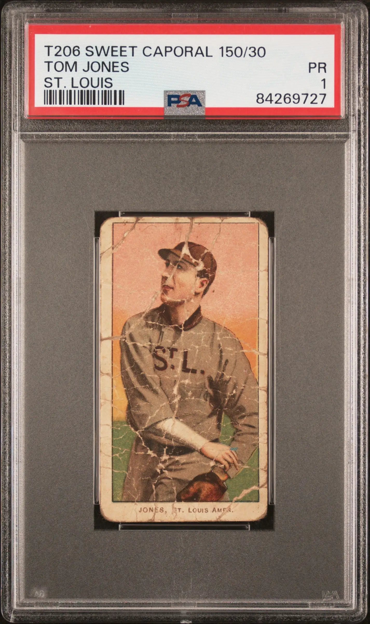 PSA-graded T206 Sweet Caporal Tom Jones baseball card in St. Louis uniform