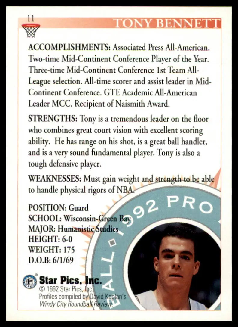 Tony Bennett Star Pics basketball card from 1992 UW-Green Bay Phoenix collection