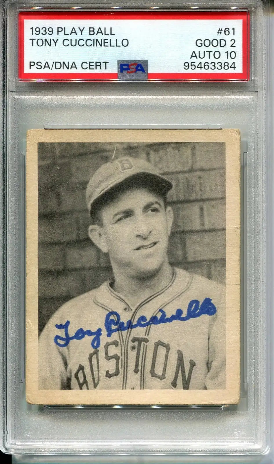 1939 Play Ball Tony Cuccinello trading card with auto, graded PSA 2, Boston Bees GUM Inc