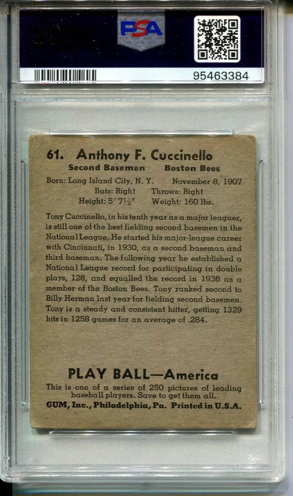 Graded vintage Play Ball trading card of Anthony Cuccinello Boston Bees PSA 2 DNA 10 Auto