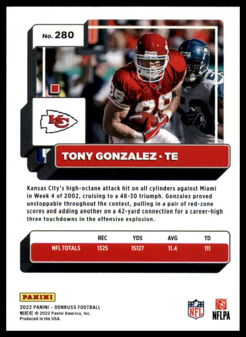 Tony Gonzalez football card from 2022 Donruss series featuring Kansas City Chiefs player