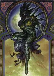 Armored winged humanoid with glowing eyes on Top Cow Showcase promo card for trading cards