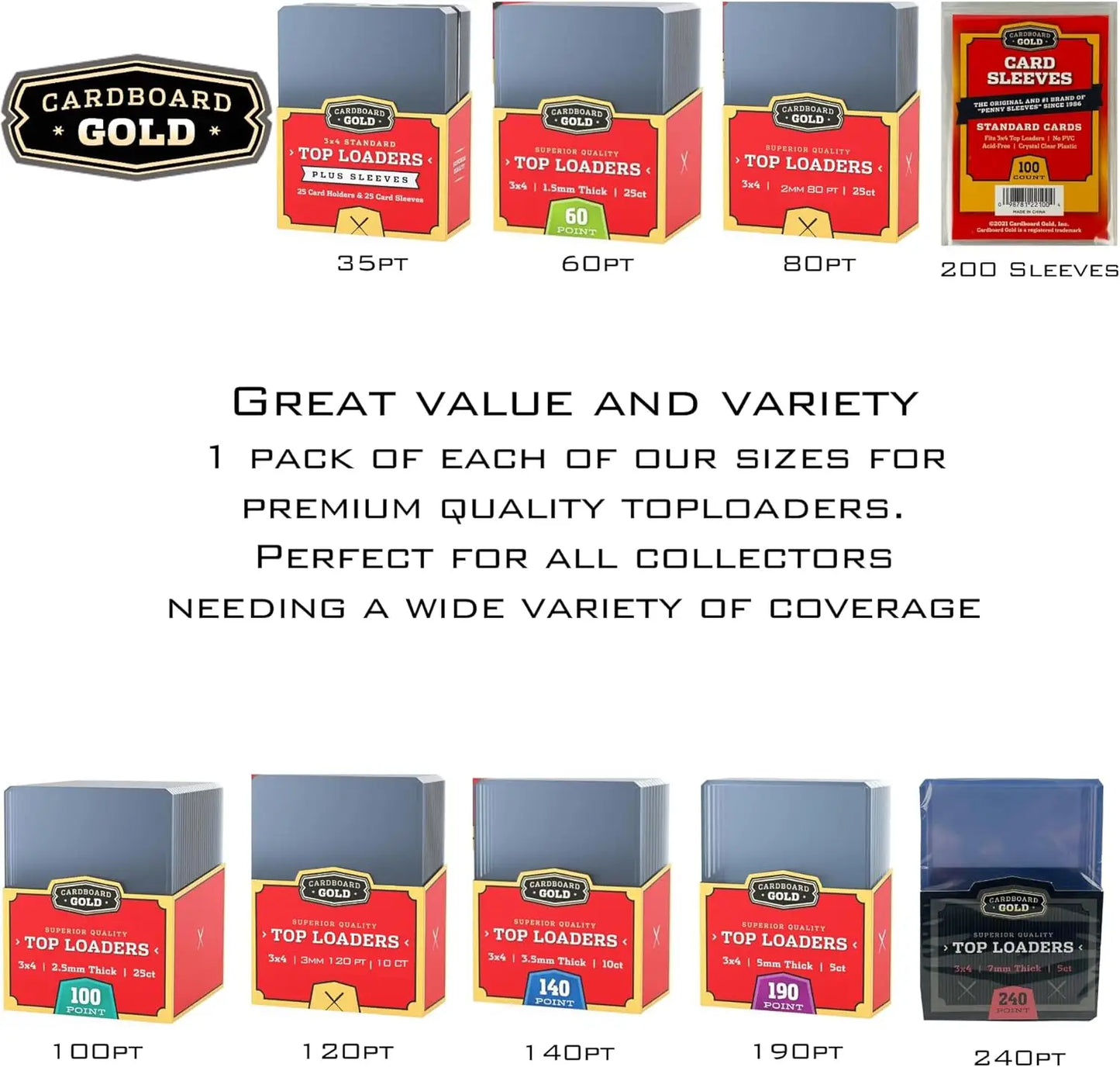 Cardboard Gold toploader variety pack for optimal card protection in hard plastic cases