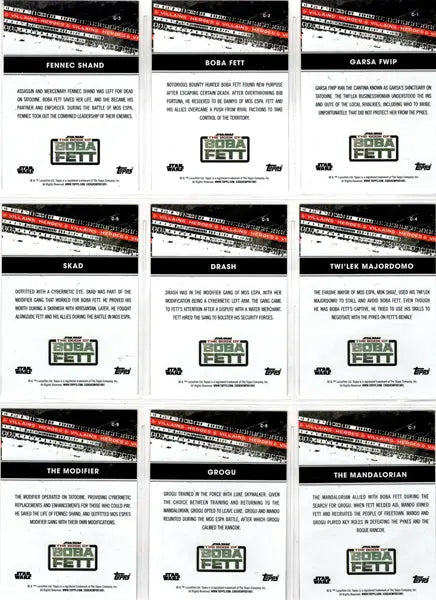 Collection of black and white trading cards in a 3x3 grid featuring Star Wars Boba Fett