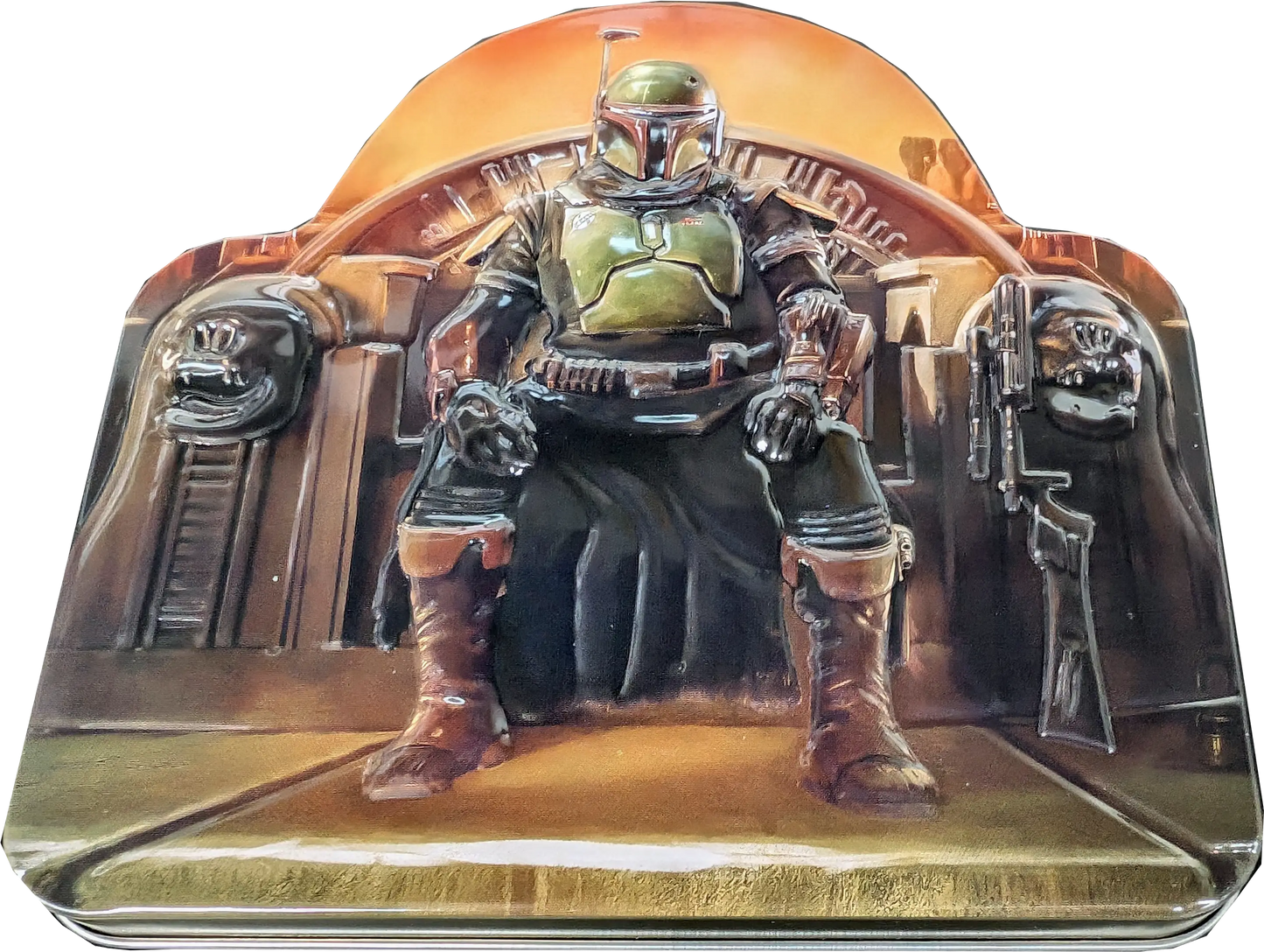 Boba Fett on throne in Topps Star Wars Book of Boba Fett empty tin box