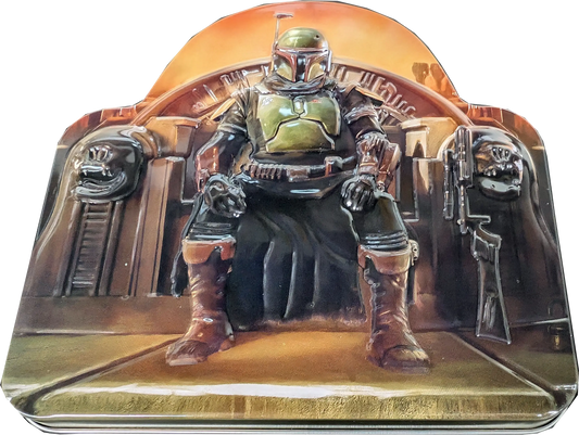Boba Fett on throne in Topps Star Wars Book of Boba Fett empty tin box