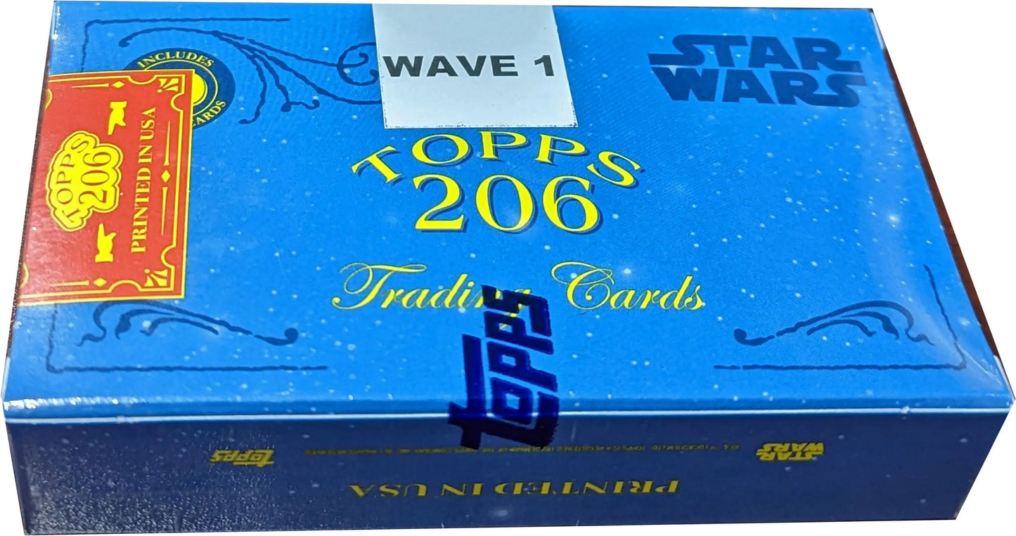 Blue box of Star Wars trading cards Topps 2022 Star Wars T206 Wave 1 against star field