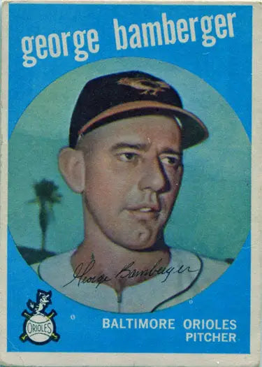 Base card of George Bamberger, Baltimore Orioles pitcher, on blue background