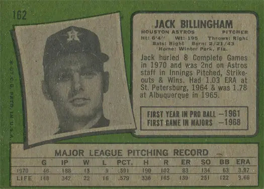 Base card of Jack Billingham from the Houston Astros Topps Trading Cards 1971