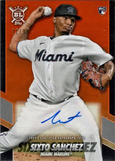 Baseball card of Miami Marlins pitcher Sixto Sanchez mid-throw from Topps Big League Opening Act