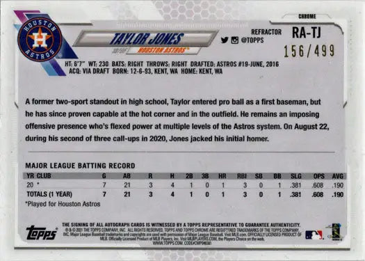 Baseball trading card of Taylor Jones, Houston Astros, Topps Chrome Autograph Refractor