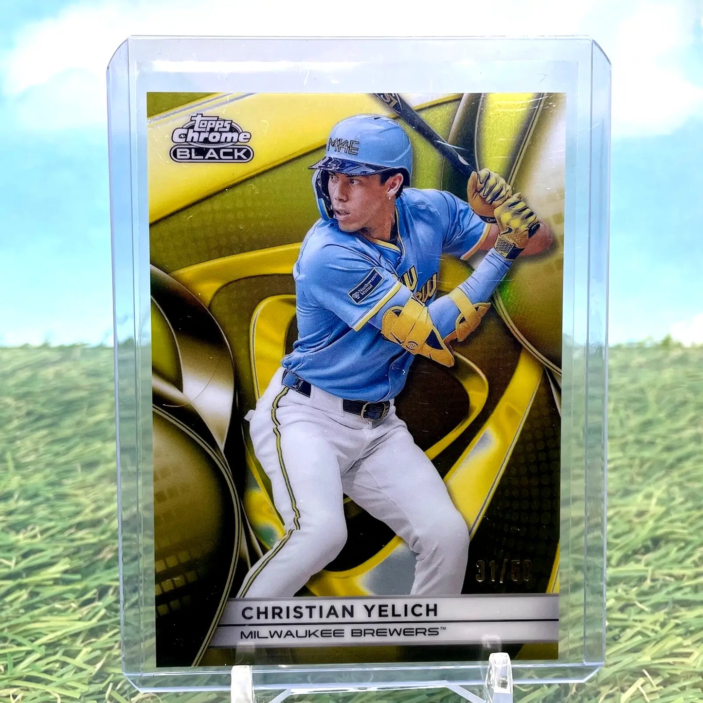 Christian Yelich baseball card from Topps Chrome Black 2025 Gold Refractor /50 Brewers