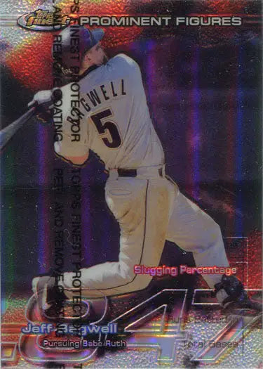 Jeff Bagwell swinging a bat in a white uniform from Topps Finest Baseball prominent figures subset card