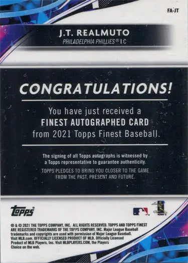 Congratulatory message card for J.T. Realmuto from 2021 Topps Finest Gold Parallel trading cards