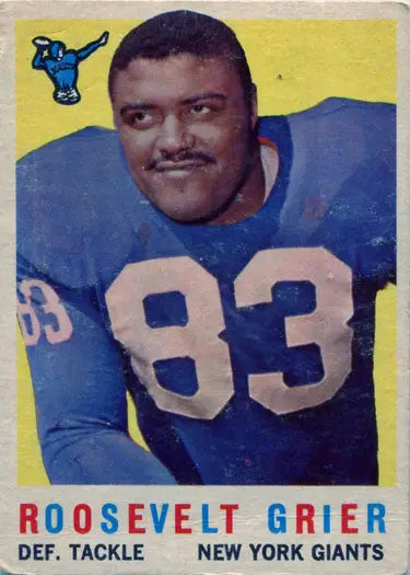 Vintage Topps Football Base Card of Roosevelt Rosey Grier in blue jersey 83