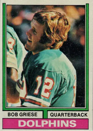 Vintage 1974 Miami Dolphins Bob Griese base card in teal jersey for trading cards collectors