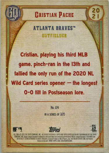 Baseball card back featuring Cristian Pache from Topps Gypsy Queen 2021 Chrome Boxtopper