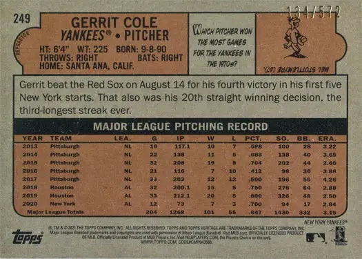 Baseball card of Gerrit Cole featuring stats, Topps Heritage Chrome Refractor