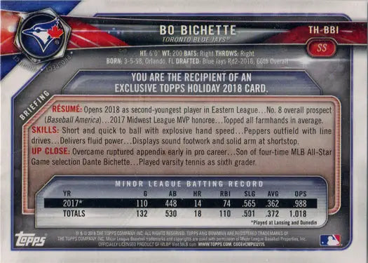 Topps Holiday Baseball 2018 Bowman Base Card of Bo Bichette, Toronto Blue Jays trading card