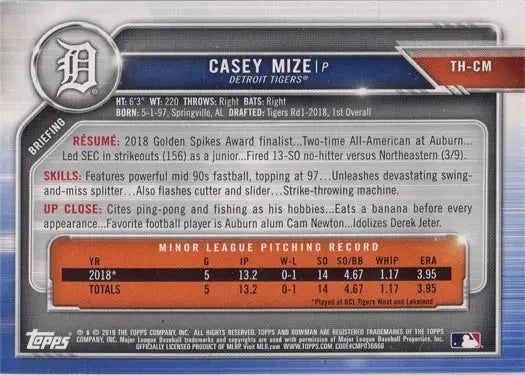Casey Mize Topps Holiday 2019 Green Border Parallel Card with player stats and info