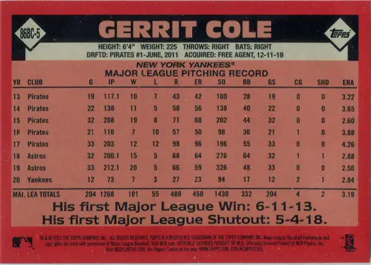 Gerrit Cole statistics on a Topps chrome silver card from 2021 Series One Baseball