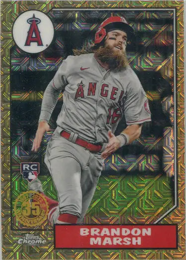 Baseball card of Los Angeles Angels player in gray uniform, red cap, chrome silver card