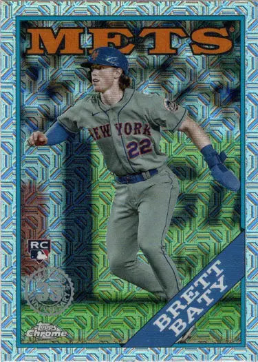 Baseball player card of New York Mets rookie in gray away uniform chrome silver card