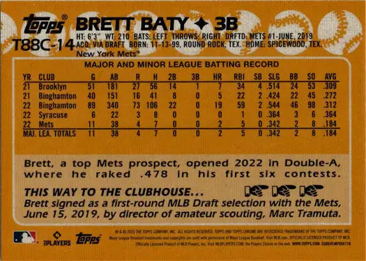 Chrome silver card featuring player stats and biography of Brett Baty, New York Mets