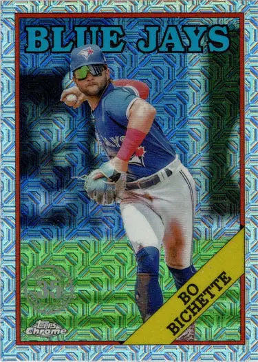 Blue Jays player Bo Bichette in throwing stance on Topps chrome silver card T88C-3