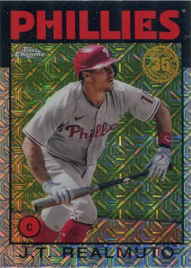 Baseball player in Phillies uniform swinging bat on Topps Chrome Silver Card