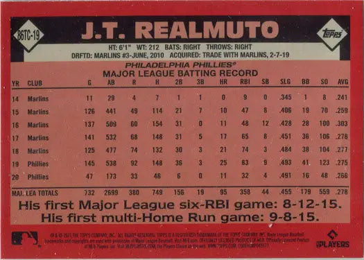 J.T. Realmuto statistics and highlights on Topps Chrome Silver Card 86TC-19