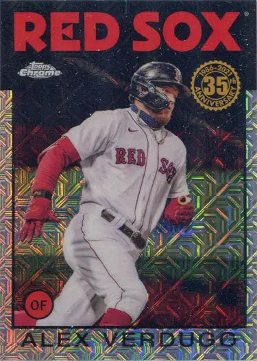 Baseball card of Red Sox player Alex Verdugo in batting stance, Topps Chrome Silver Card