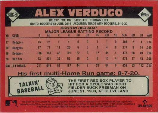 Baseball card of Alex Verdugo showcasing stats and trivia from Topps Chrome Silver Card