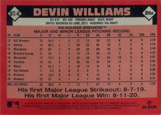 Baseball card showcasing Devin Williams statistics, Topps Chrome Silver Card 2021