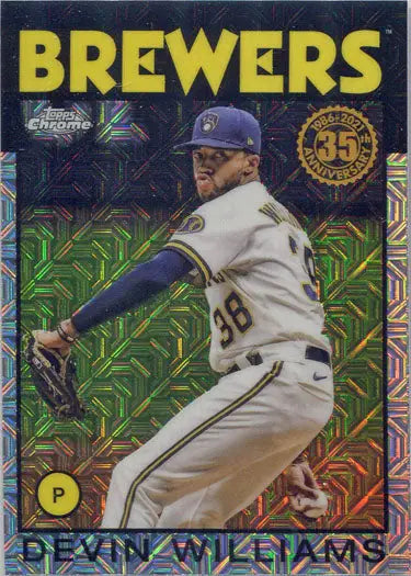 Baseball card of Devin Williams pitching, Topps Chrome Silver Card 2021