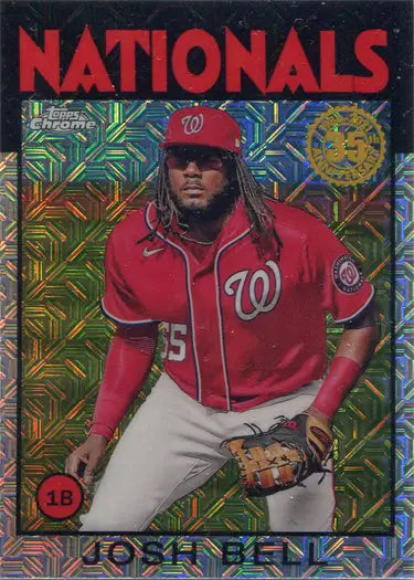 Baseball card of Josh Bell from Washington Nationals in red jersey, Chrome Silver Card