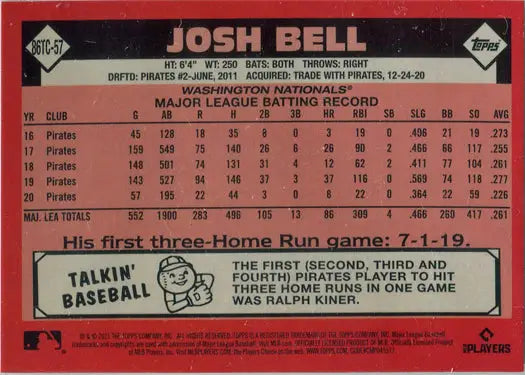 Josh Bell statistics on Topps Series Two Chrome Silver Card 86TC-57 baseball card