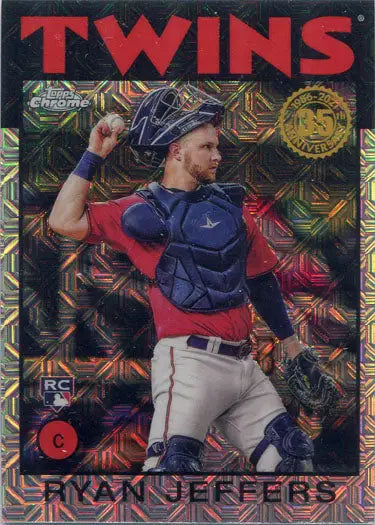 Baseball player in catcher’s stance in Minnesota Twins uniform on Chrome Silver Card