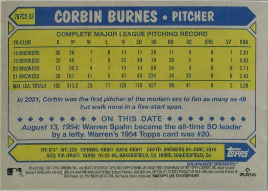 Baseball card showcasing Corbin Burnes stats in Topps 2022 Chrome Silver Card