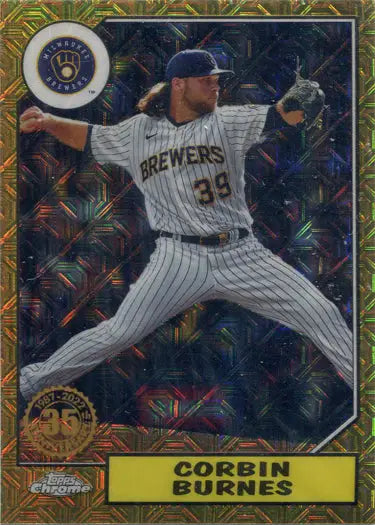 Baseball card of Milwaukee Brewers pitcher Corbin Burnes in mid-throw, chrome silver card
