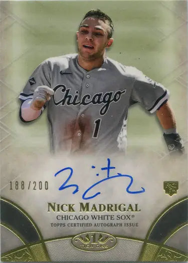 Baseball card of Nick Madrigal in gray jersey, autographed, 188/200 from Topps Tier One