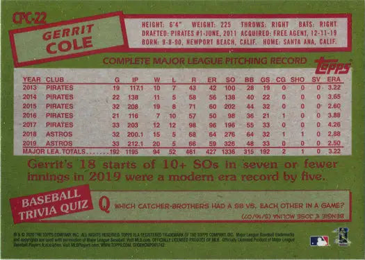 Gerrit Cole pitching stats on Topps Update 2020 Chrome Silver Card CPC-22