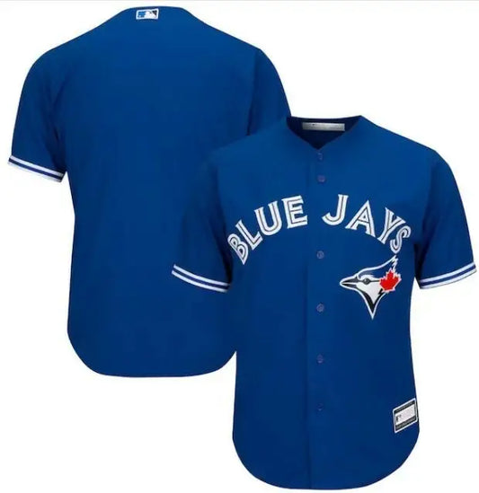 Two blue Toronto Blue Jays big and tall replica team jerseys displayed for sale