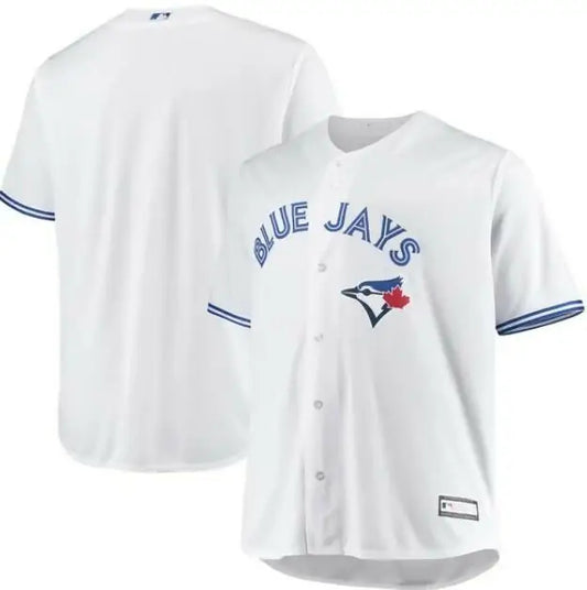 White Toronto Blue Jays home replica jersey with blue lettering and trim