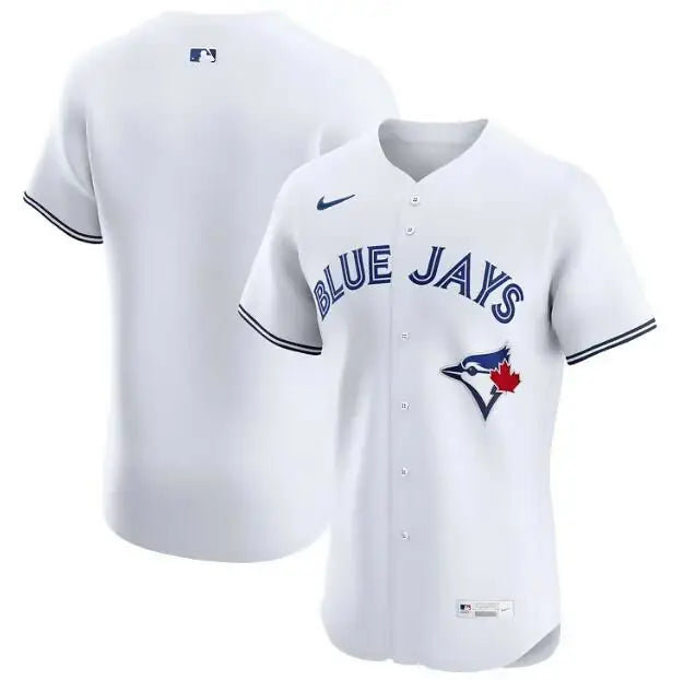 White Toronto Blue Jays Nike Alternate Elite Jersey with blue lettering and trim