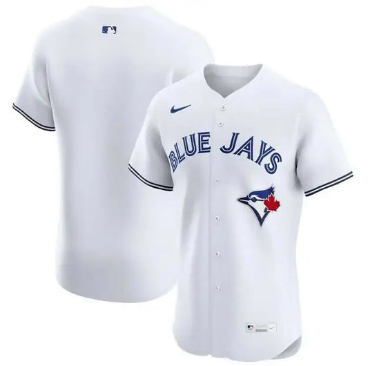 White Toronto Blue Jays Nike Alternate Elite Jersey with blue lettering and trim