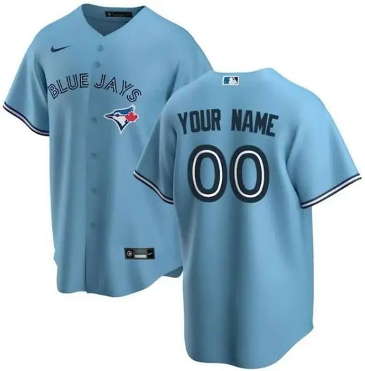 Light blue customizable Toronto Blue Jays Nike Alternate Replica Jersey with striped sleeves