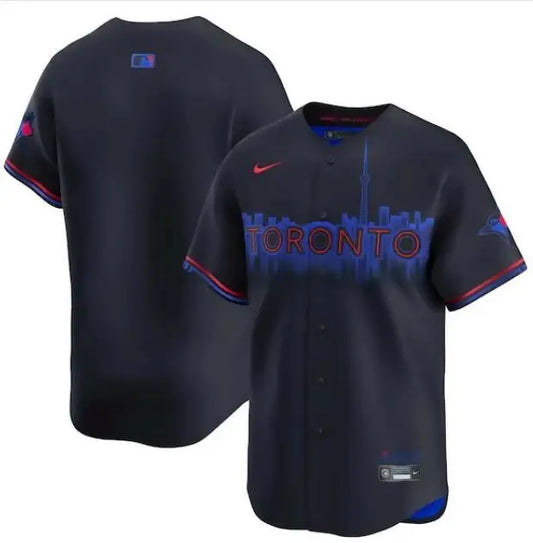 Dark blue Toronto Blue Jays Nike City Connect jersey with Toronto skyline graphic