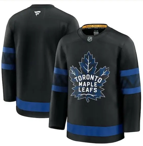 Black Toronto Maple Leafs hockey jersey with blue stripes, premium alternate design